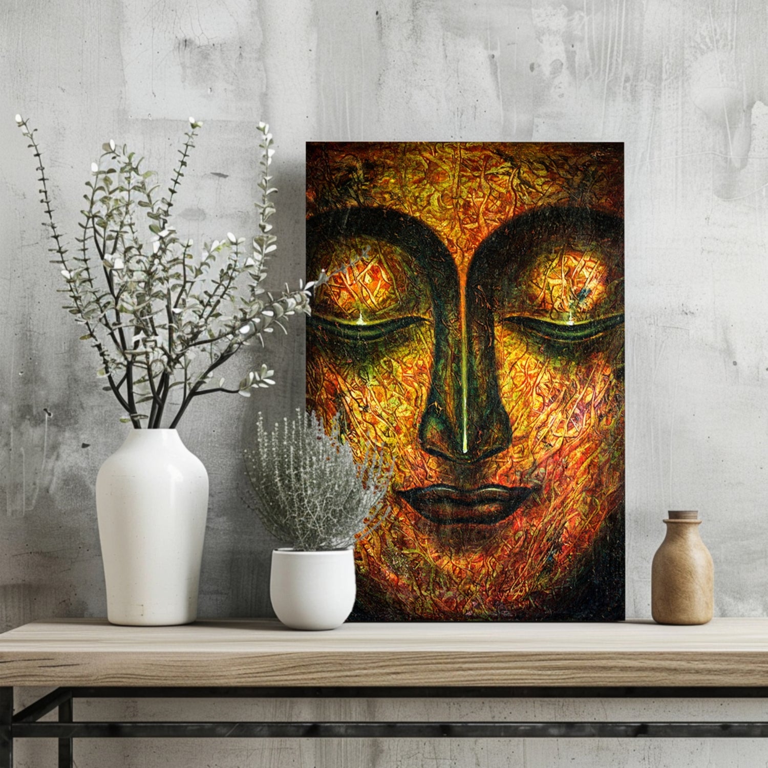 Fiery Amber Textured Closed Eyes Buddha Aluminum Print