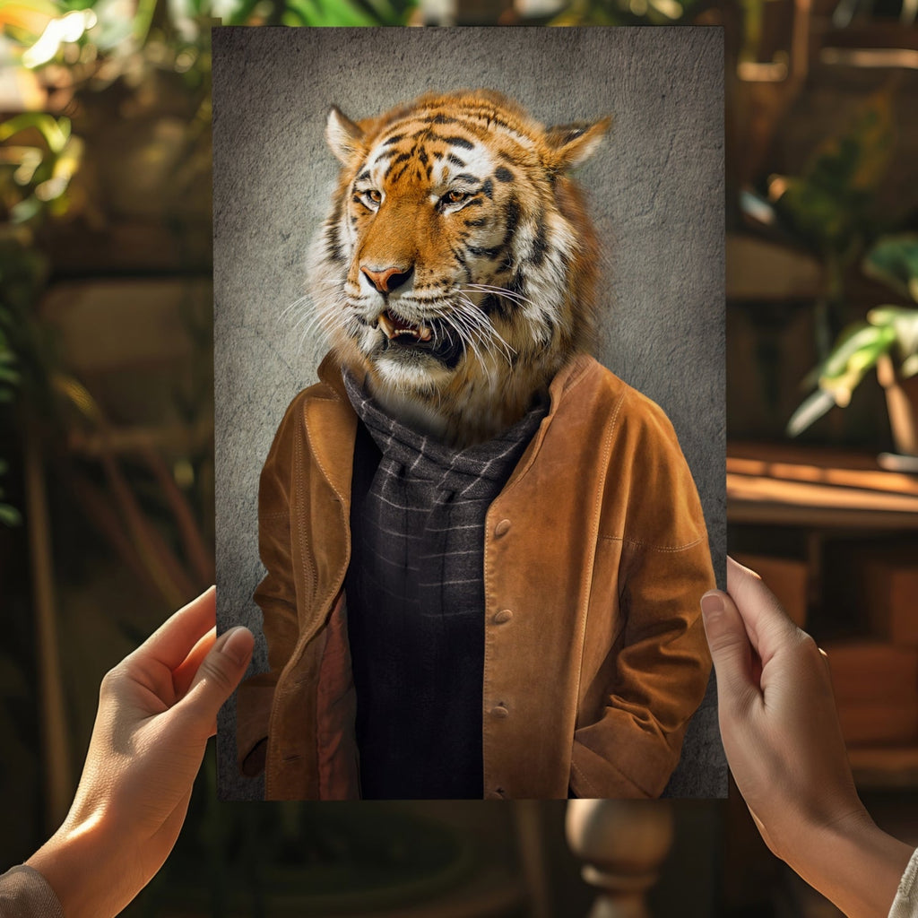 Tiger Head Man in Tan Jacket Aluminum Print
