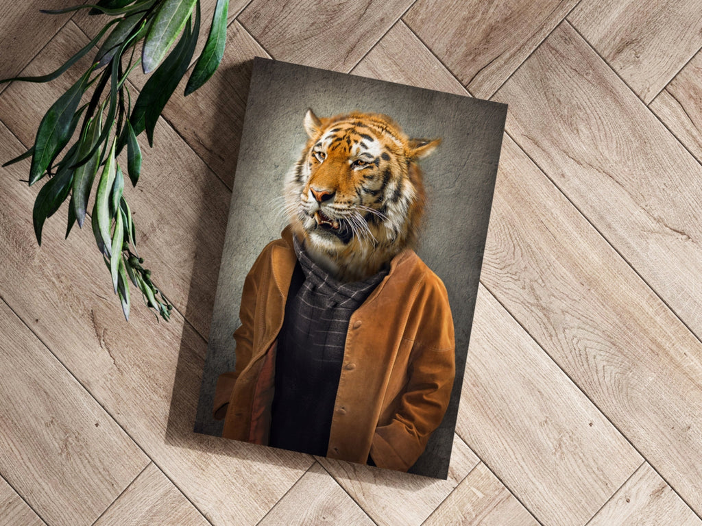 Tiger Head Man in Tan Jacket Aluminum Print