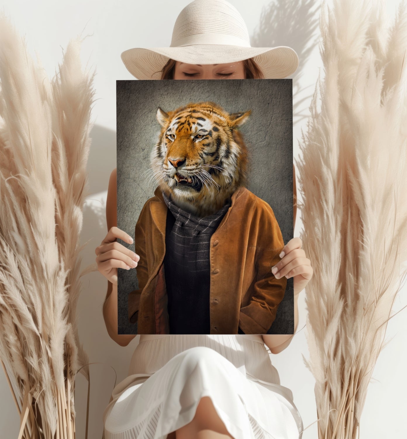 Tiger Head Man in Tan Jacket Aluminum Print