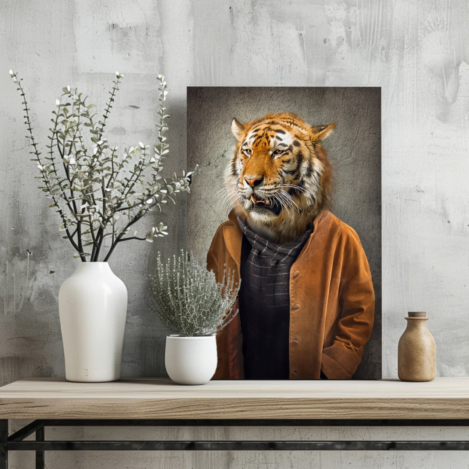 Tiger Head Man in Tan Jacket Aluminum Print