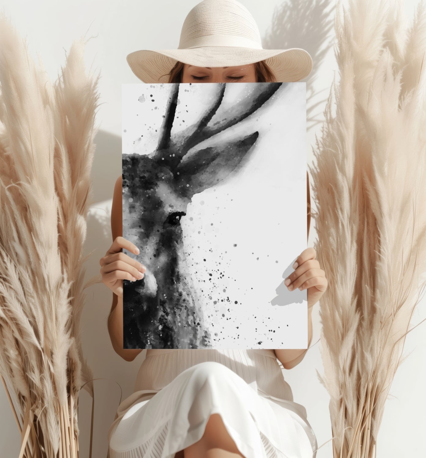 Black Ink Splatter Stag Portrait Aluminum Print