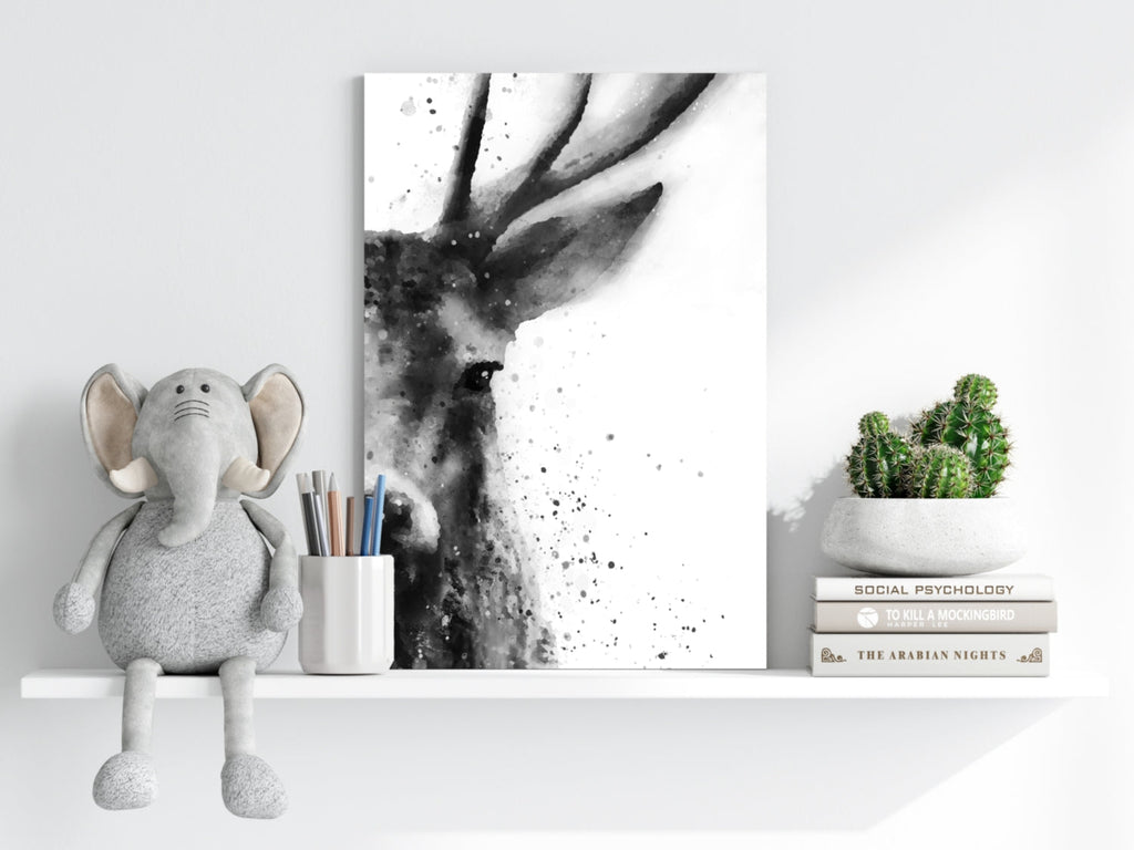 Black Ink Splatter Stag Portrait Aluminum Print