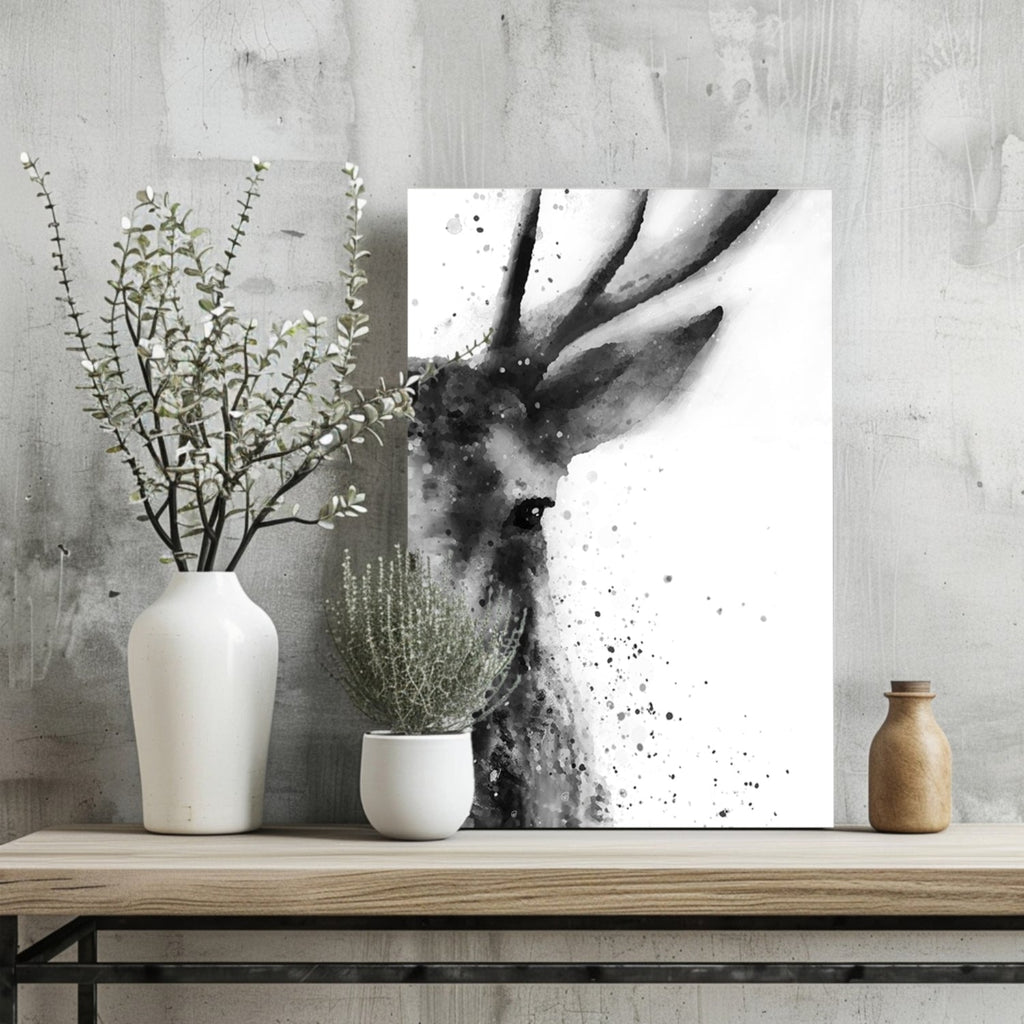 Black Ink Splatter Stag Portrait Aluminum Print