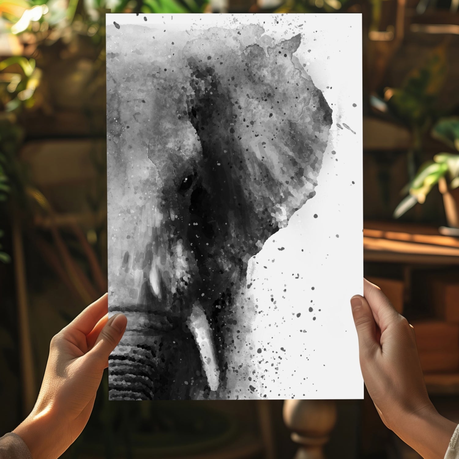 Black And White Watercolor Splatter Elephant Aluminum Print