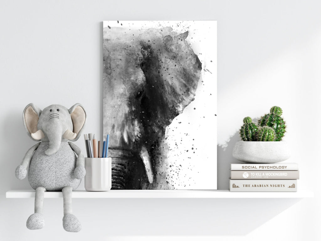 Black And White Watercolor Splatter Elephant Aluminum Print