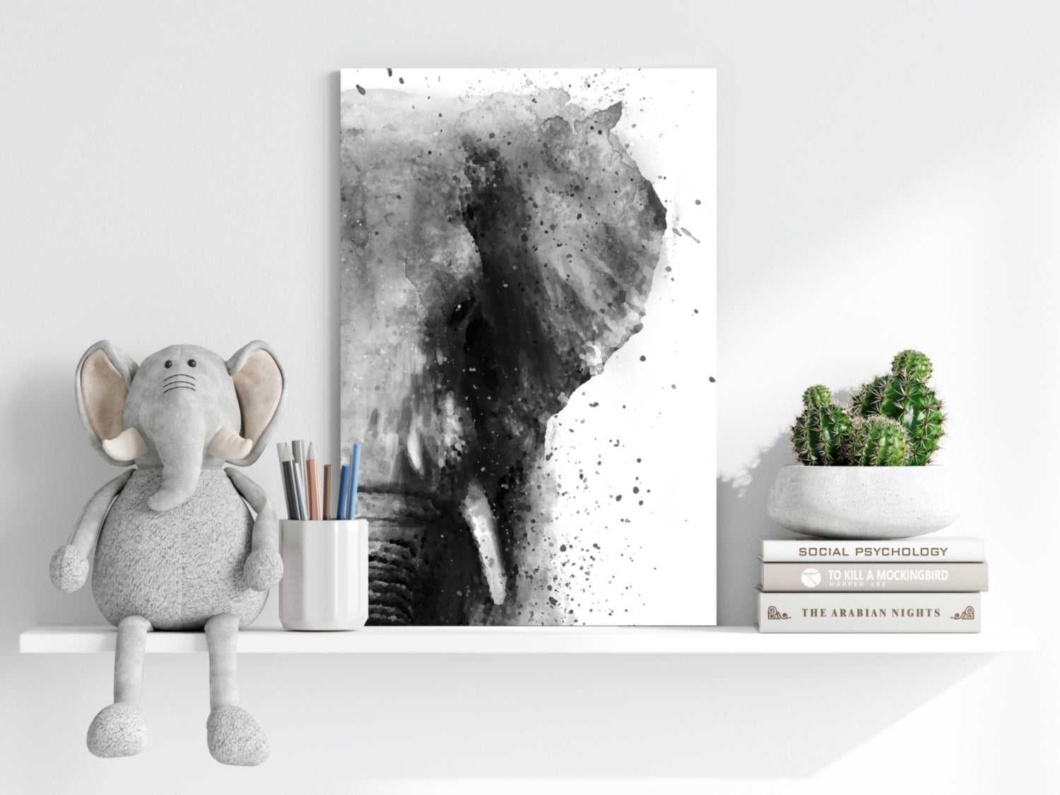 Black And White Watercolor Splatter Elephant Aluminum Print
