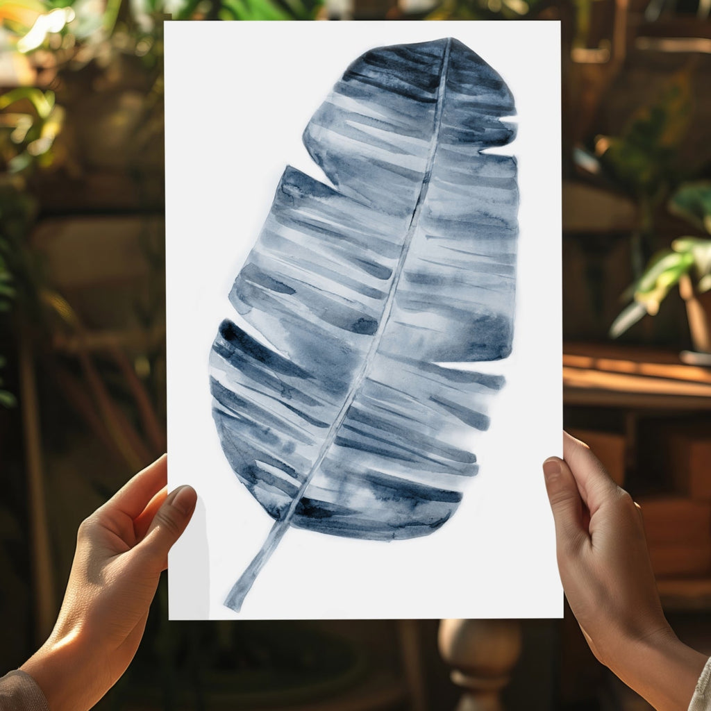 Indigo Blue Watercolor Banana Leaf Aluminum Print