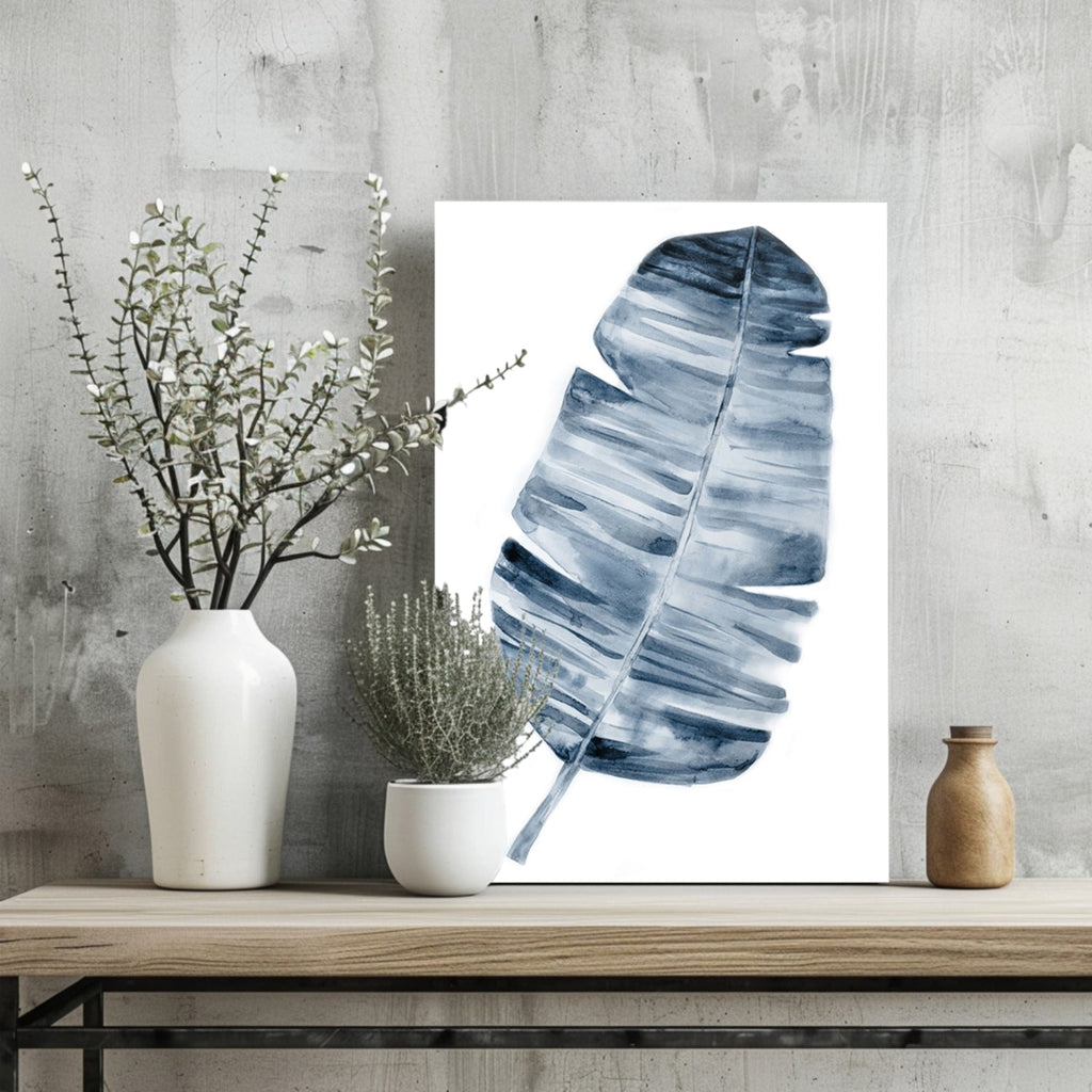Indigo Blue Watercolor Banana Leaf Aluminum Print