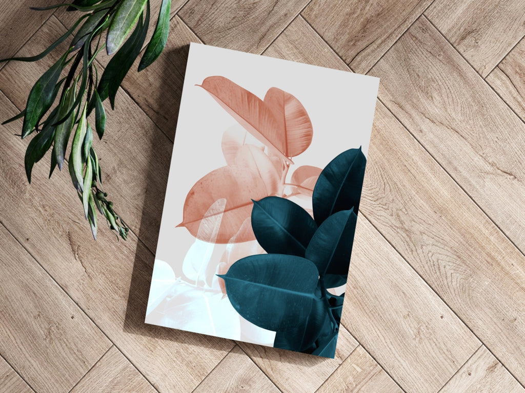Peach and Teal Rubber Plant Leaves Aluminum Print