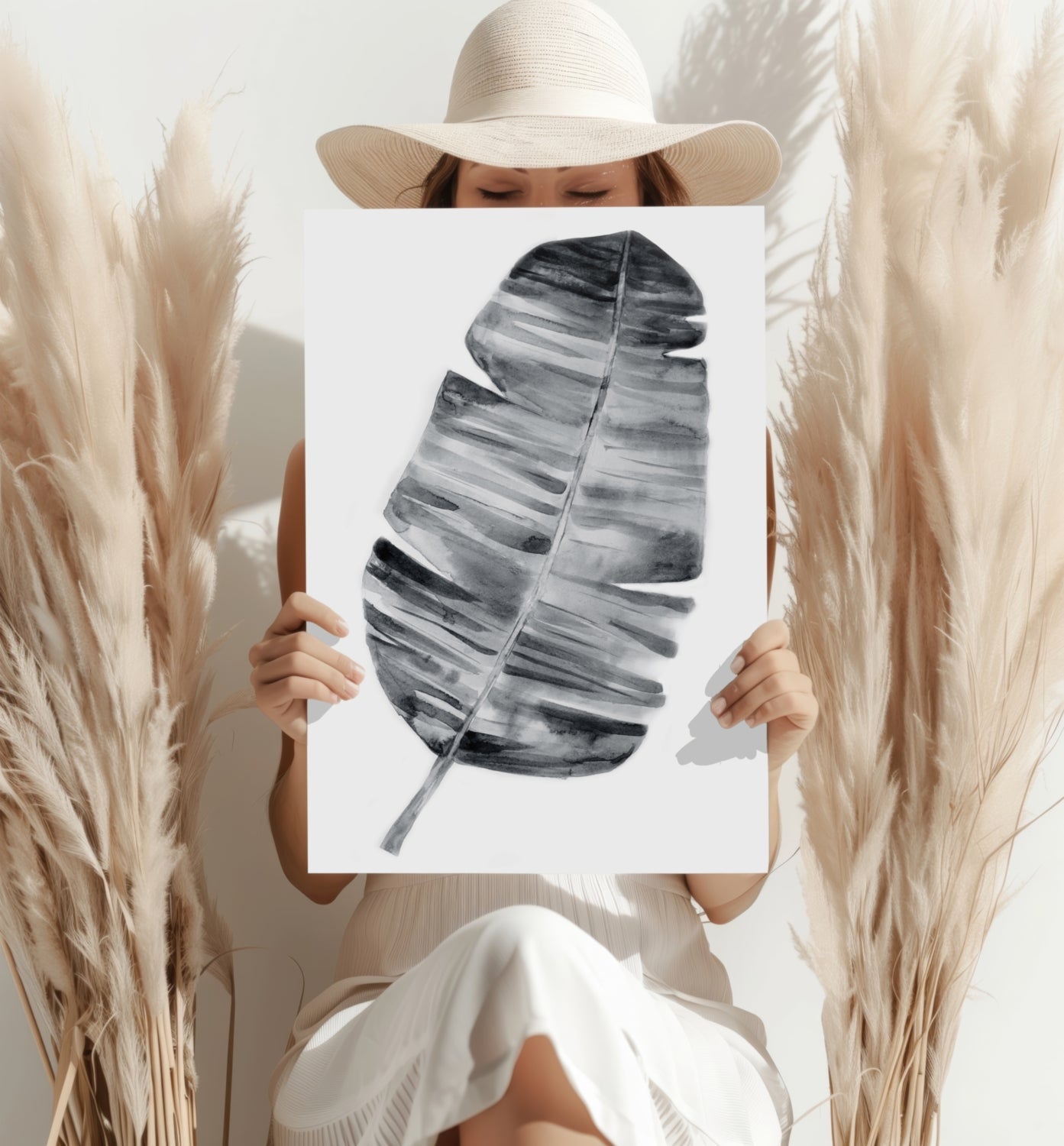 Charcoal Gray Watercolor Banana Leaf Aluminum Print