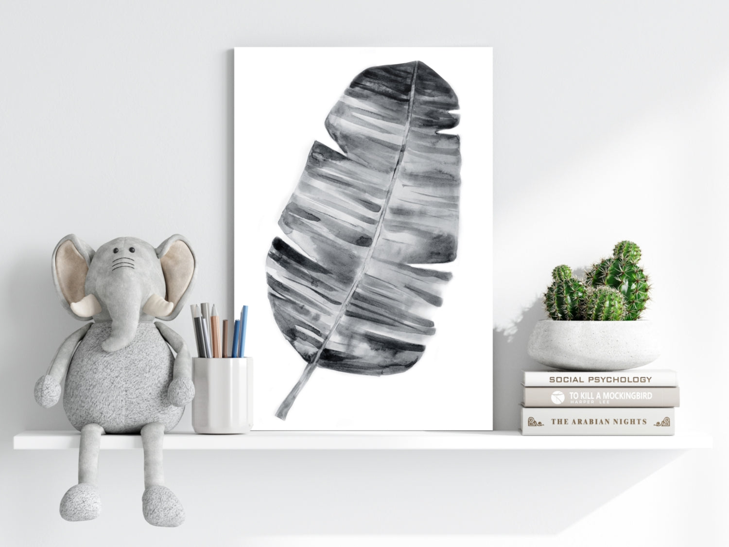 Charcoal Gray Watercolor Banana Leaf Aluminum Print