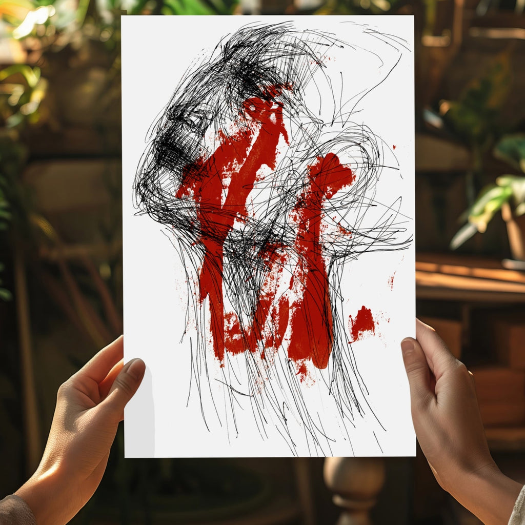 Red Paint and Black Scribble Face Aluminum Print