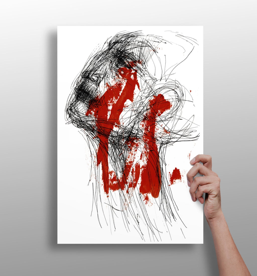 Red Paint and Black Scribble Face Aluminum Print