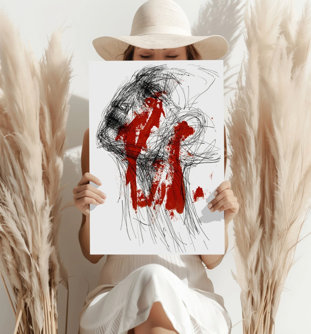 Red Paint and Black Scribble Face Aluminum Print