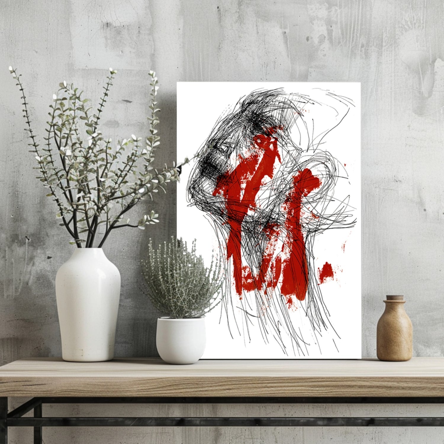 Red Paint and Black Scribble Face Aluminum Print