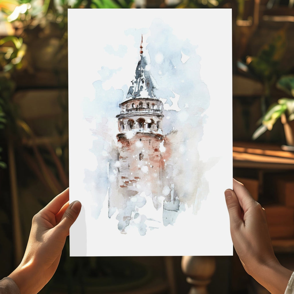 Watercolor Misty Galata Tower Aluminum Print