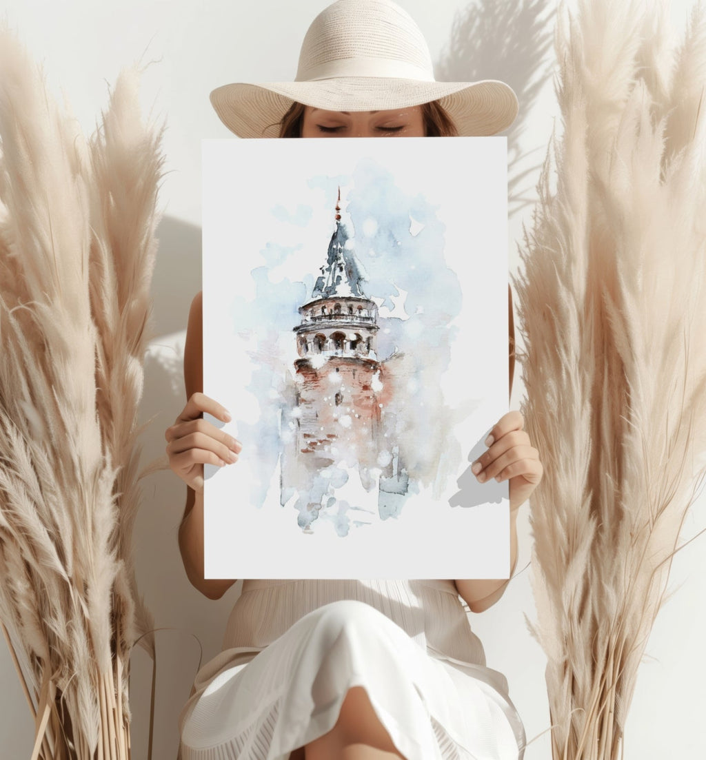 Watercolor Misty Galata Tower Aluminum Print