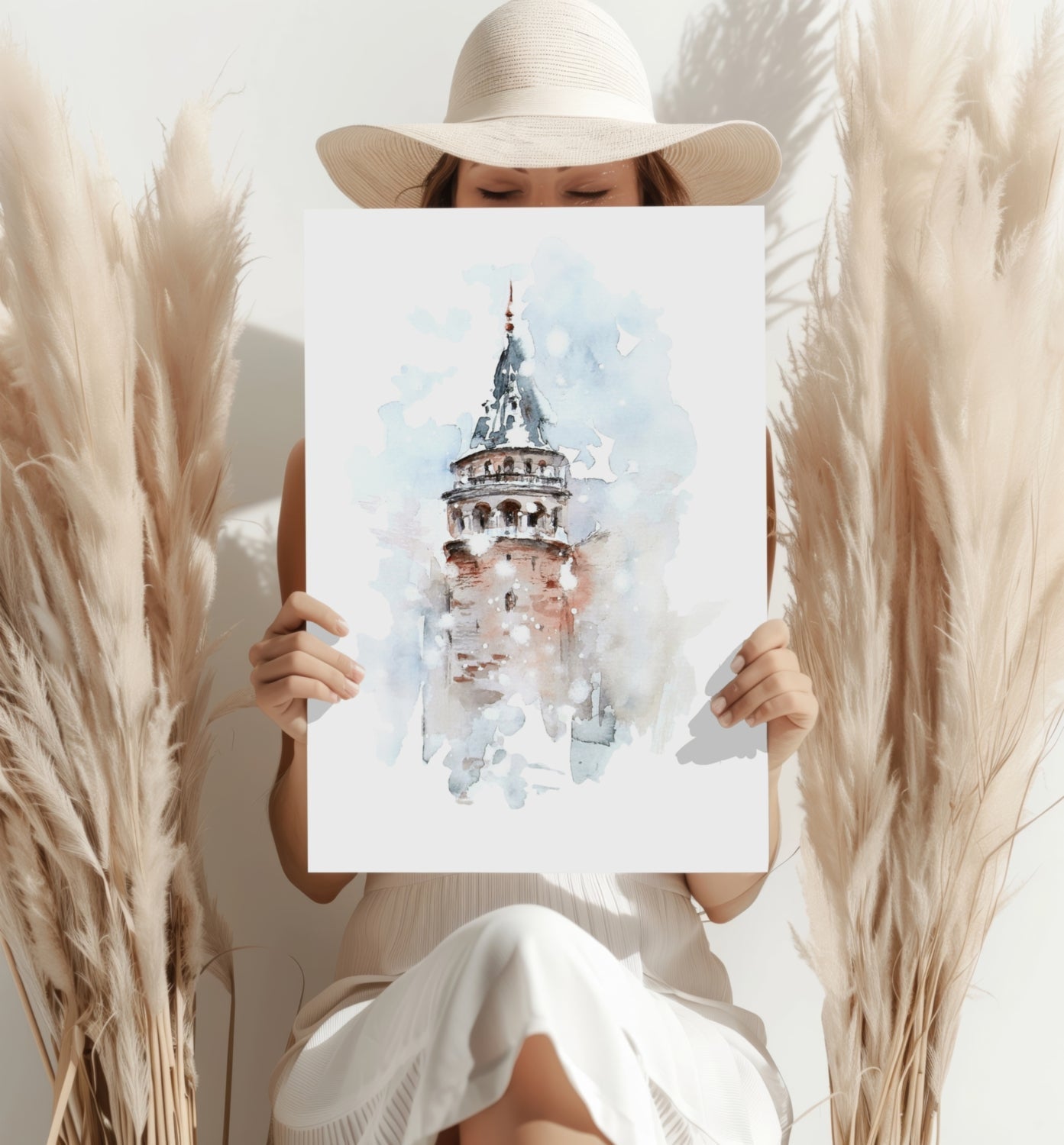 Watercolor Misty Galata Tower Aluminum Print