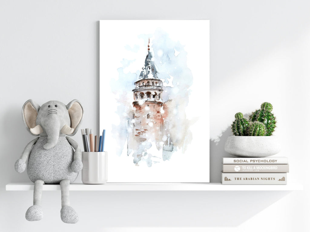 Watercolor Misty Galata Tower Aluminum Print