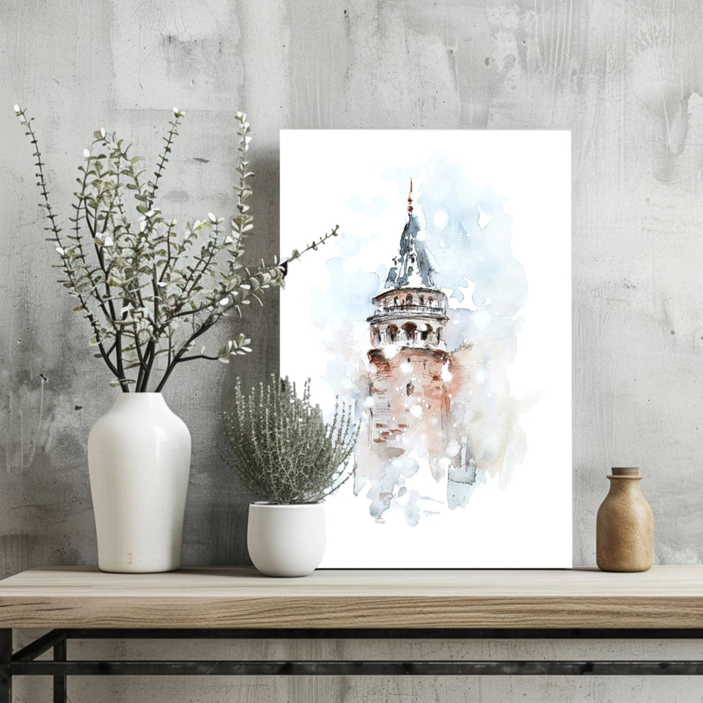 Watercolor Misty Galata Tower Aluminum Print