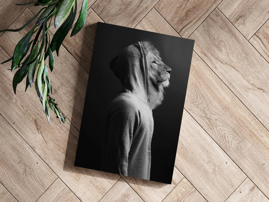 Lion in Hoodie Black White Aluminum Print