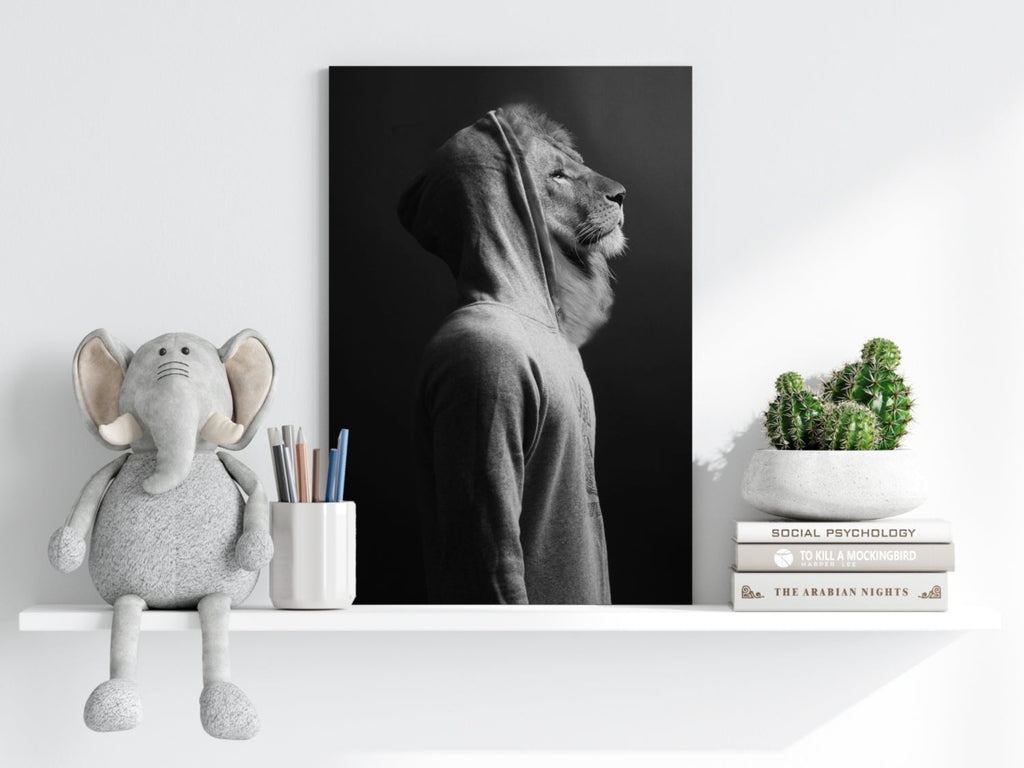 Lion in Hoodie Black White Aluminum Print