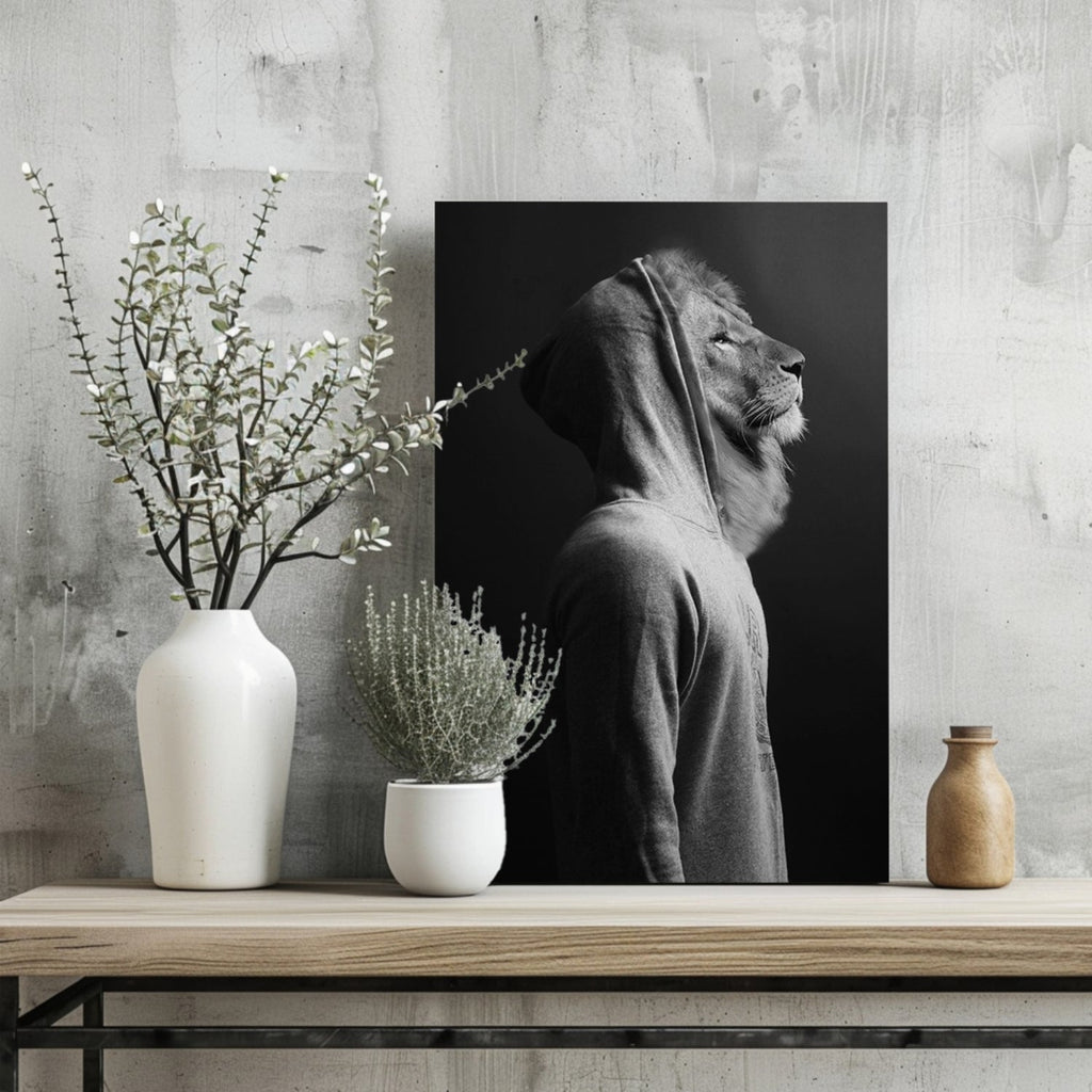 Lion in Hoodie Black White Aluminum Print