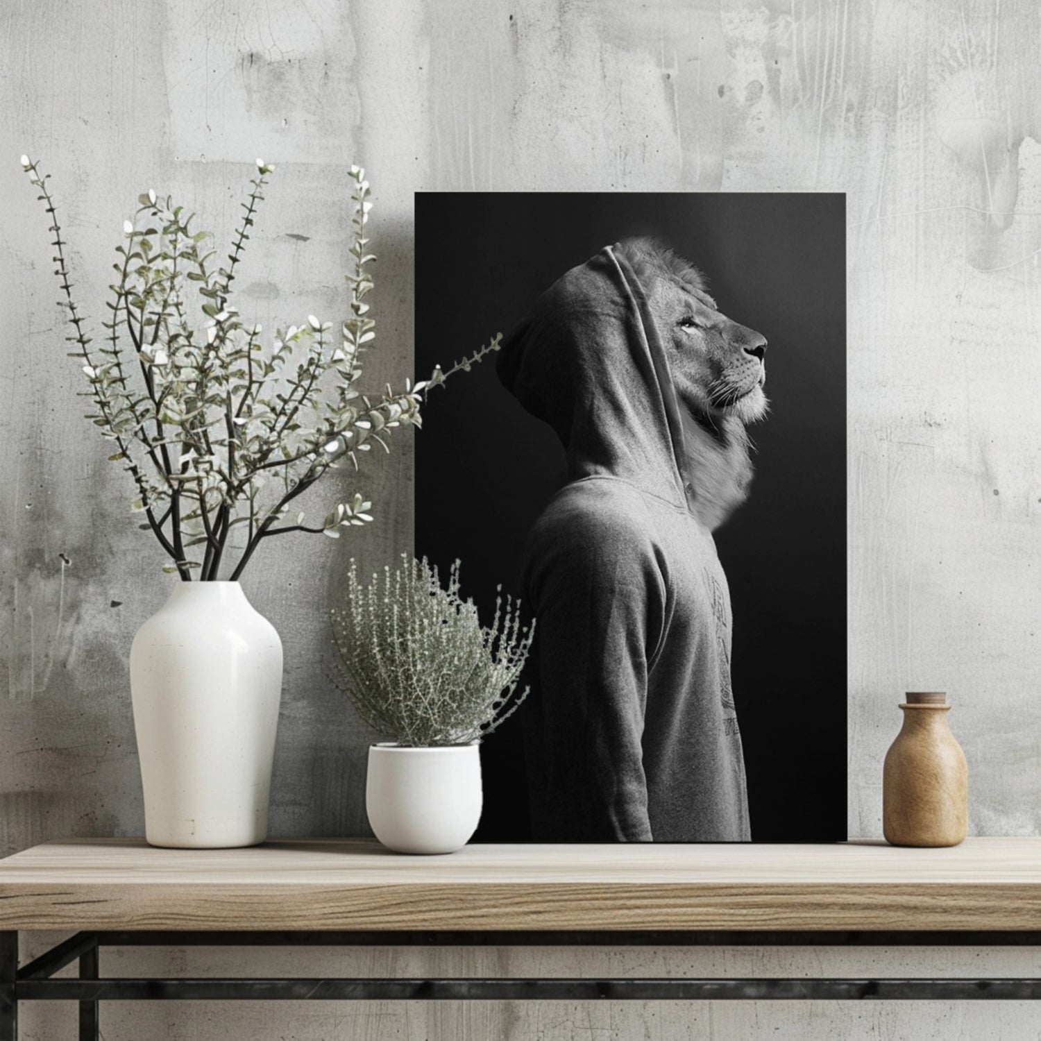 Lion in Hoodie Black White Aluminum Print