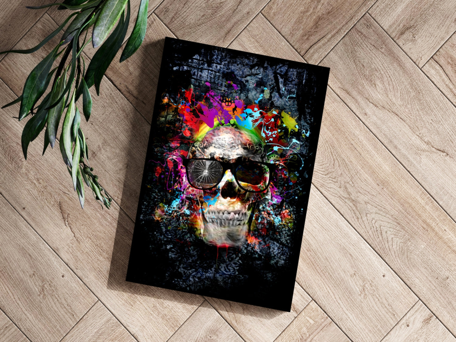 Neon Splatter Skull With Sunglasses Aluminum Print