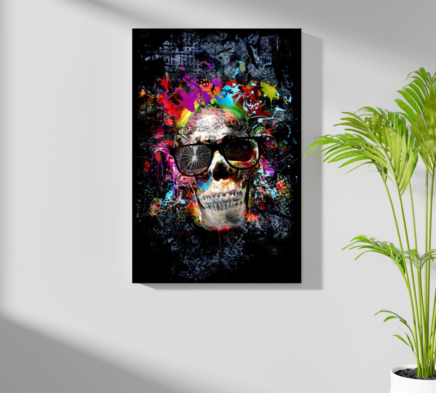 Neon Splatter Skull With Sunglasses Aluminum Print