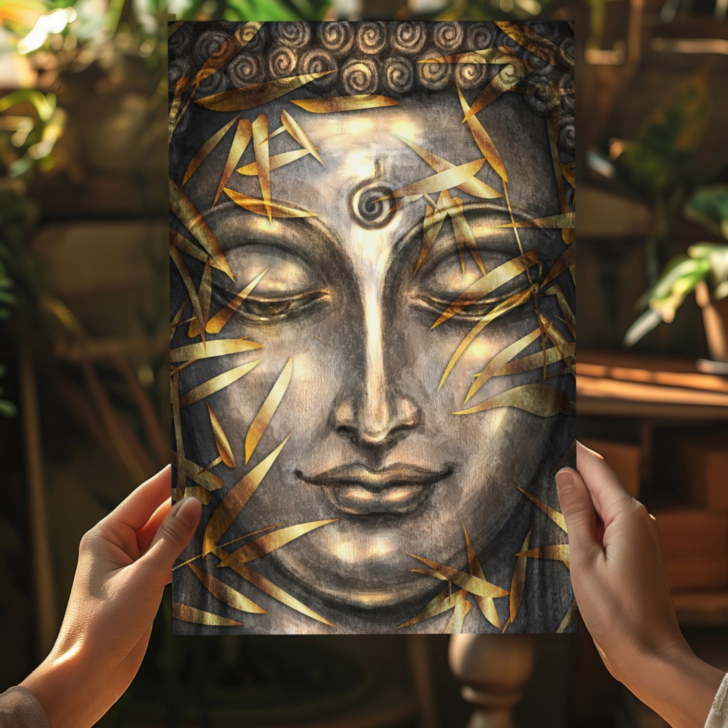 Gold Bamboo Leaves Bronze Buddha Aluminum Print
