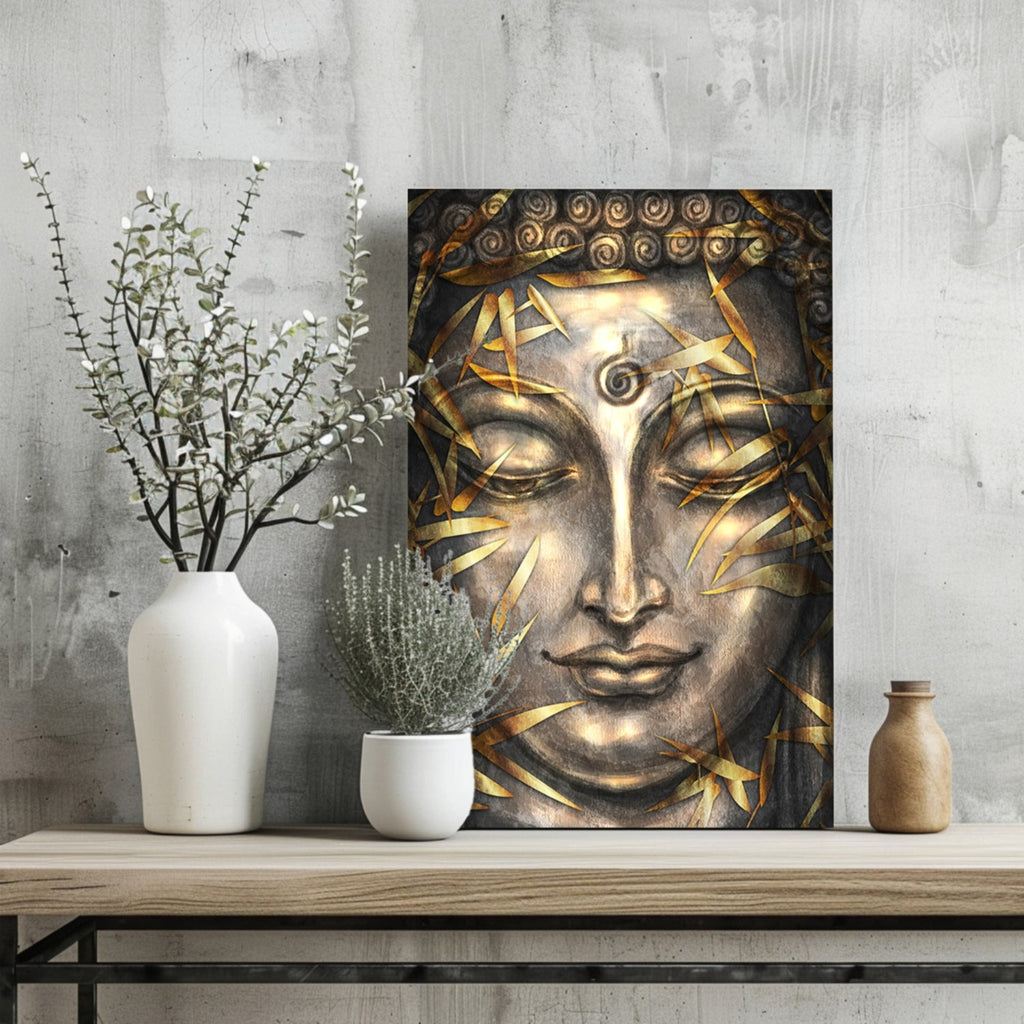 Gold Bamboo Leaves Bronze Buddha Aluminum Print