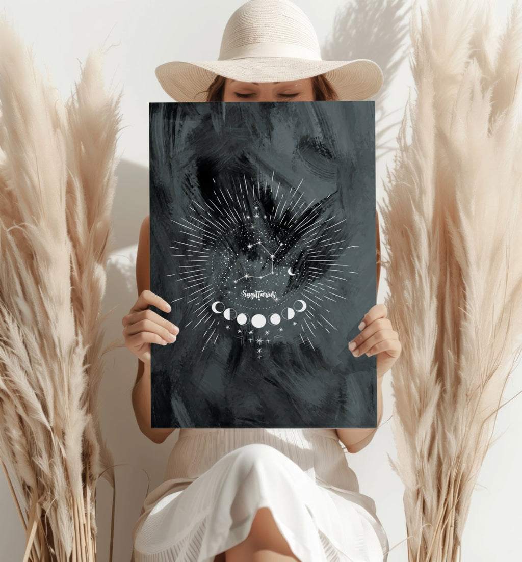 Charcoal Sagittarius Constellation Moon Aluminum Print