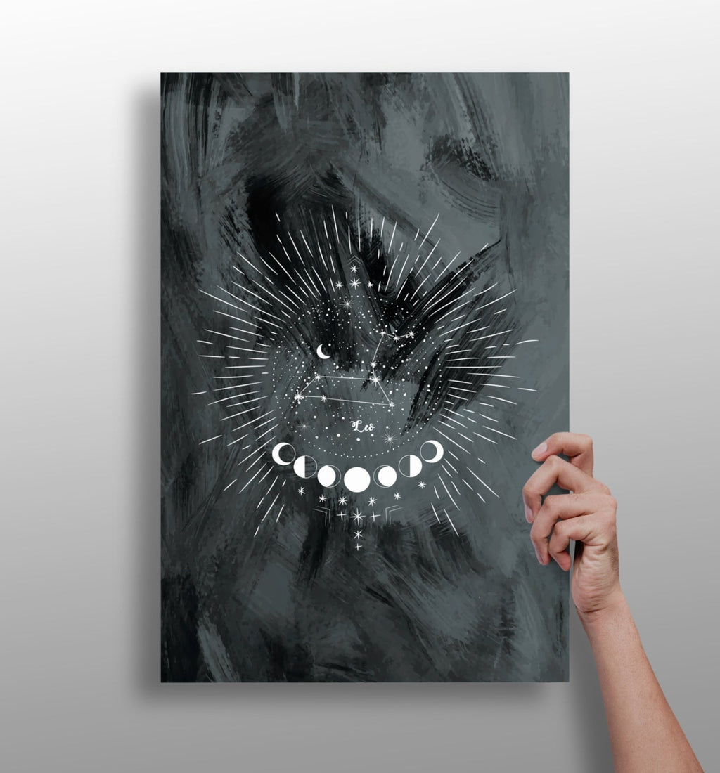 Charcoal Leo Constellation Moon Phases Aluminum Print