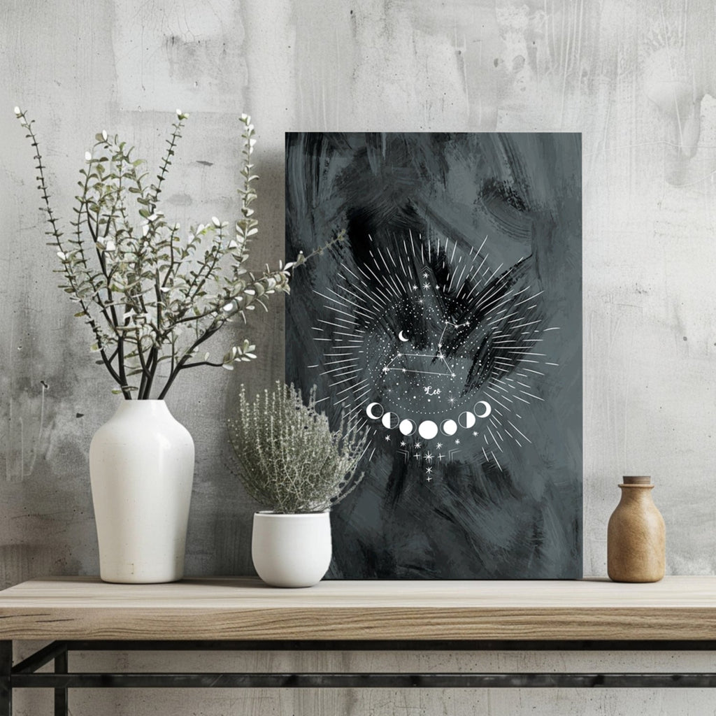 Charcoal Leo Constellation Moon Phases Aluminum Print
