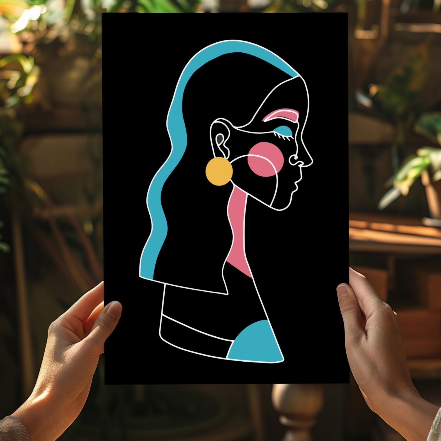 Yellow Earring Line Art Woman Profile Aluminum Print