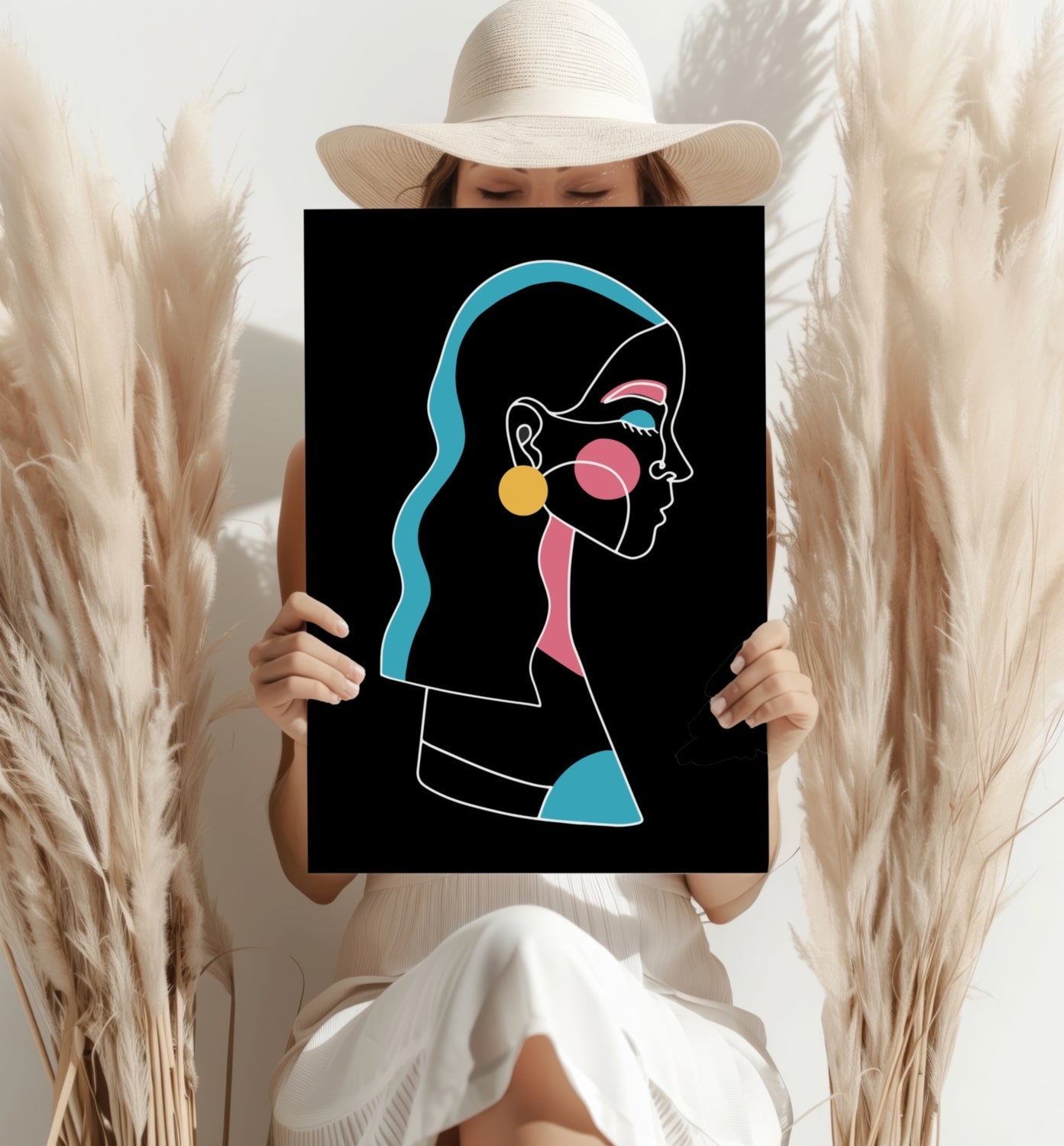 Yellow Earring Line Art Woman Profile Aluminum Print