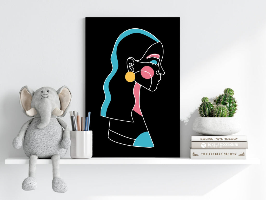 Yellow Earring Line Art Woman Profile Aluminum Print