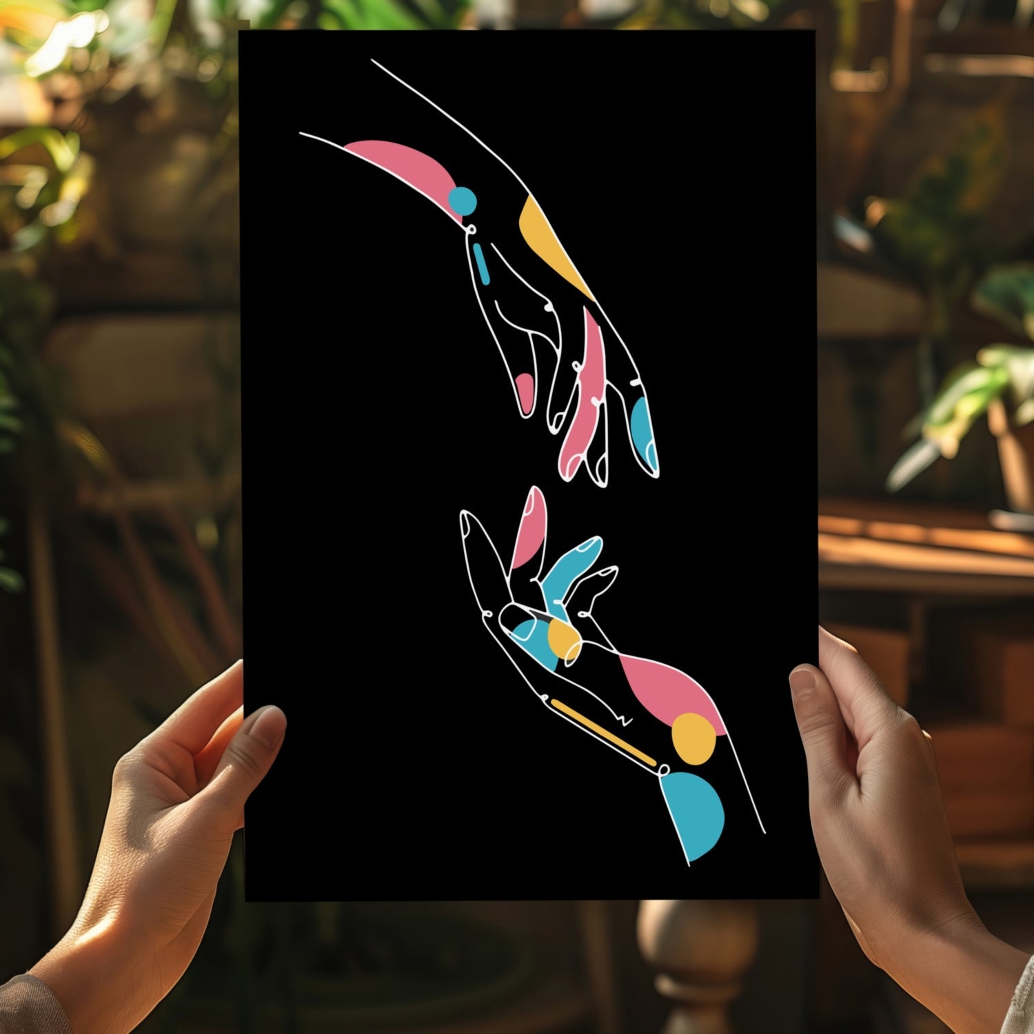 Two Reaching Hands Line Art On Black Aluminum Print