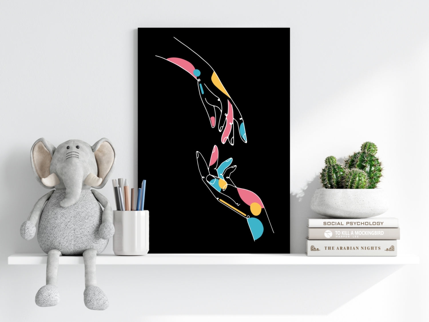 Two Reaching Hands Line Art On Black Aluminum Print