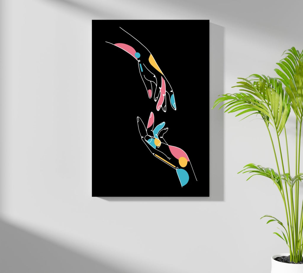 Two Reaching Hands Line Art On Black Aluminum Print