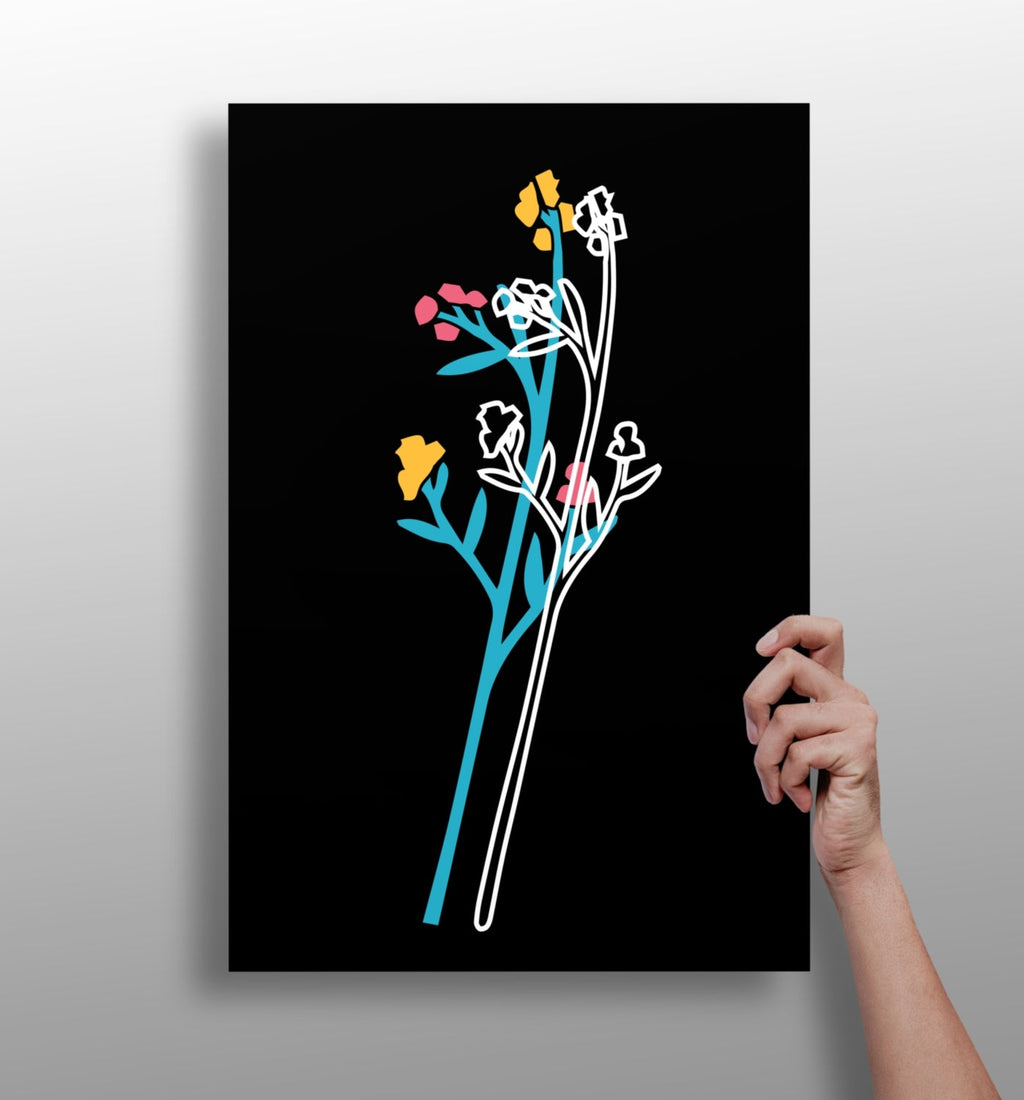 Teal Stem Wildflowers Line Art On Black Aluminum Print
