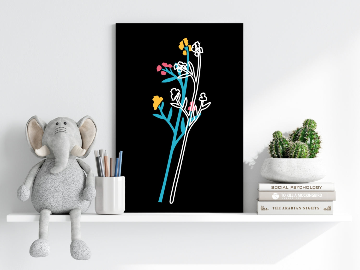 Teal Stem Wildflowers Line Art On Black Aluminum Print