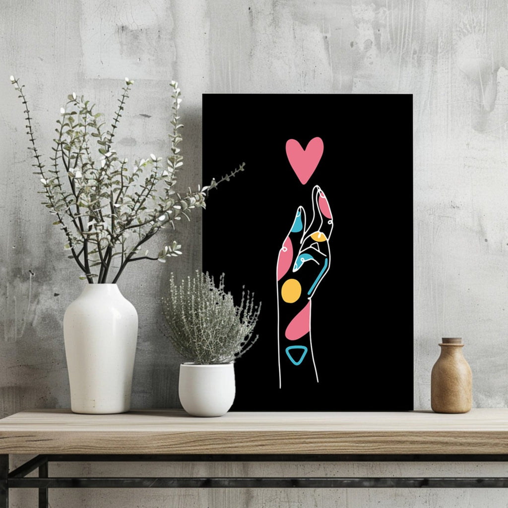 Hand Reaching Pink Heart Line Art Aluminum Print