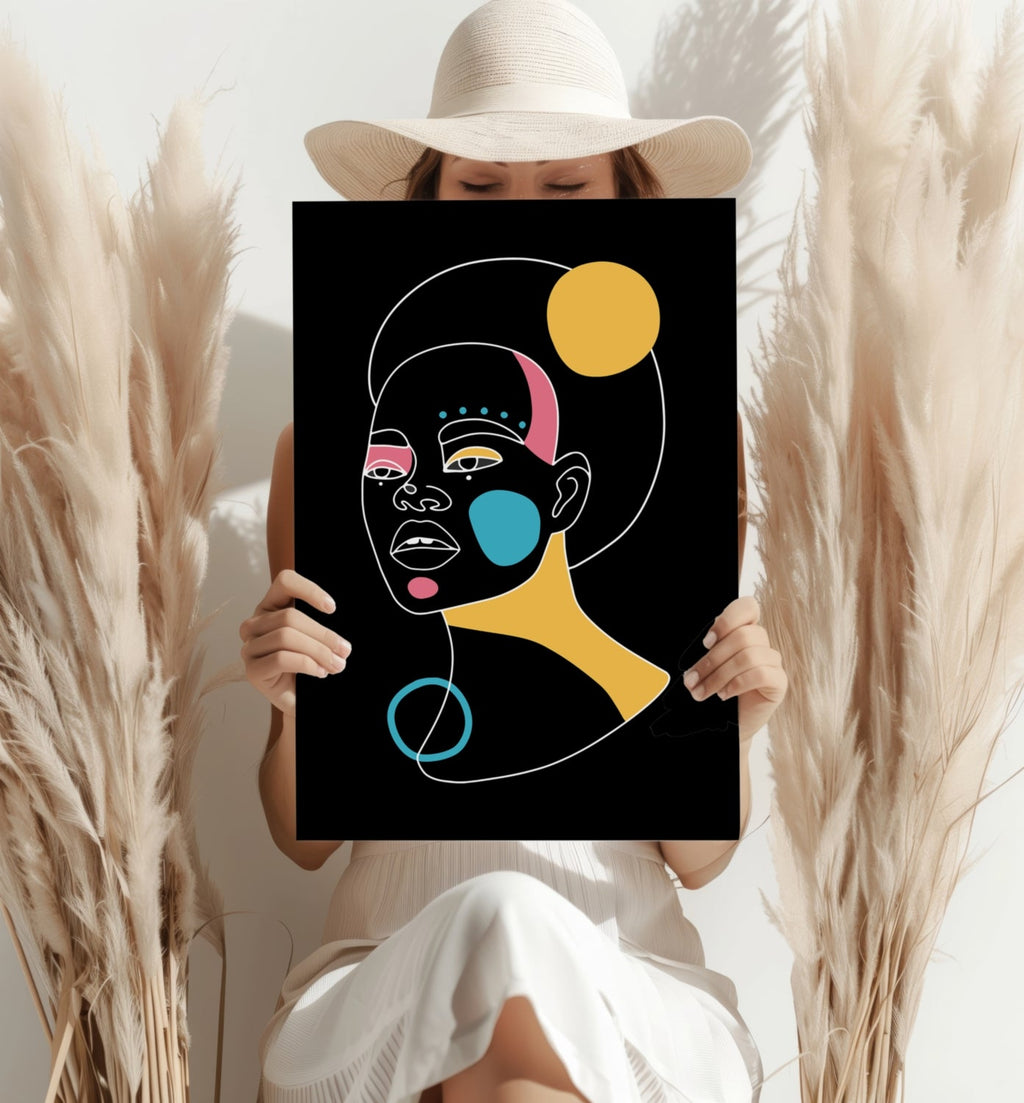 Golden Moon Afro Woman Line Aluminum Print