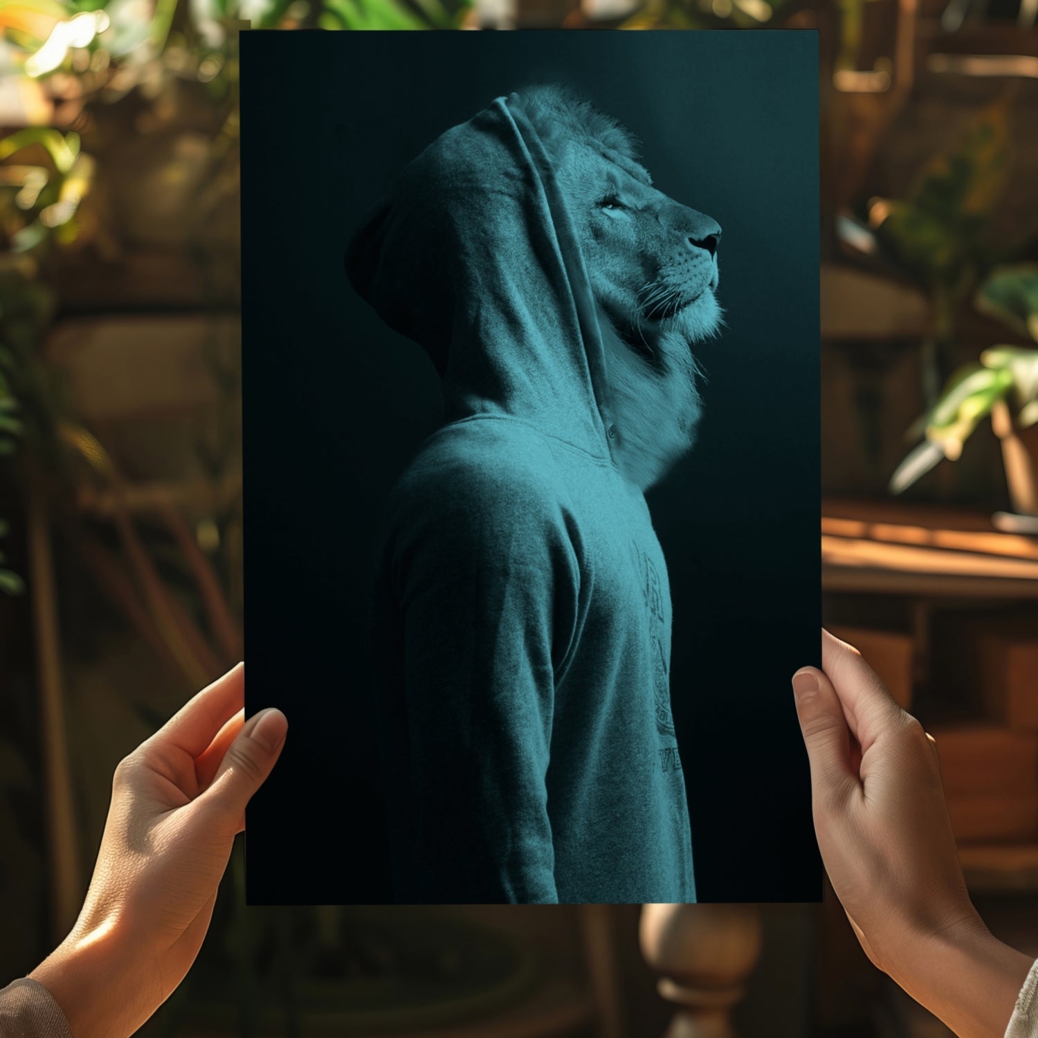 Teal Lion in Hoodie Aluminum Print