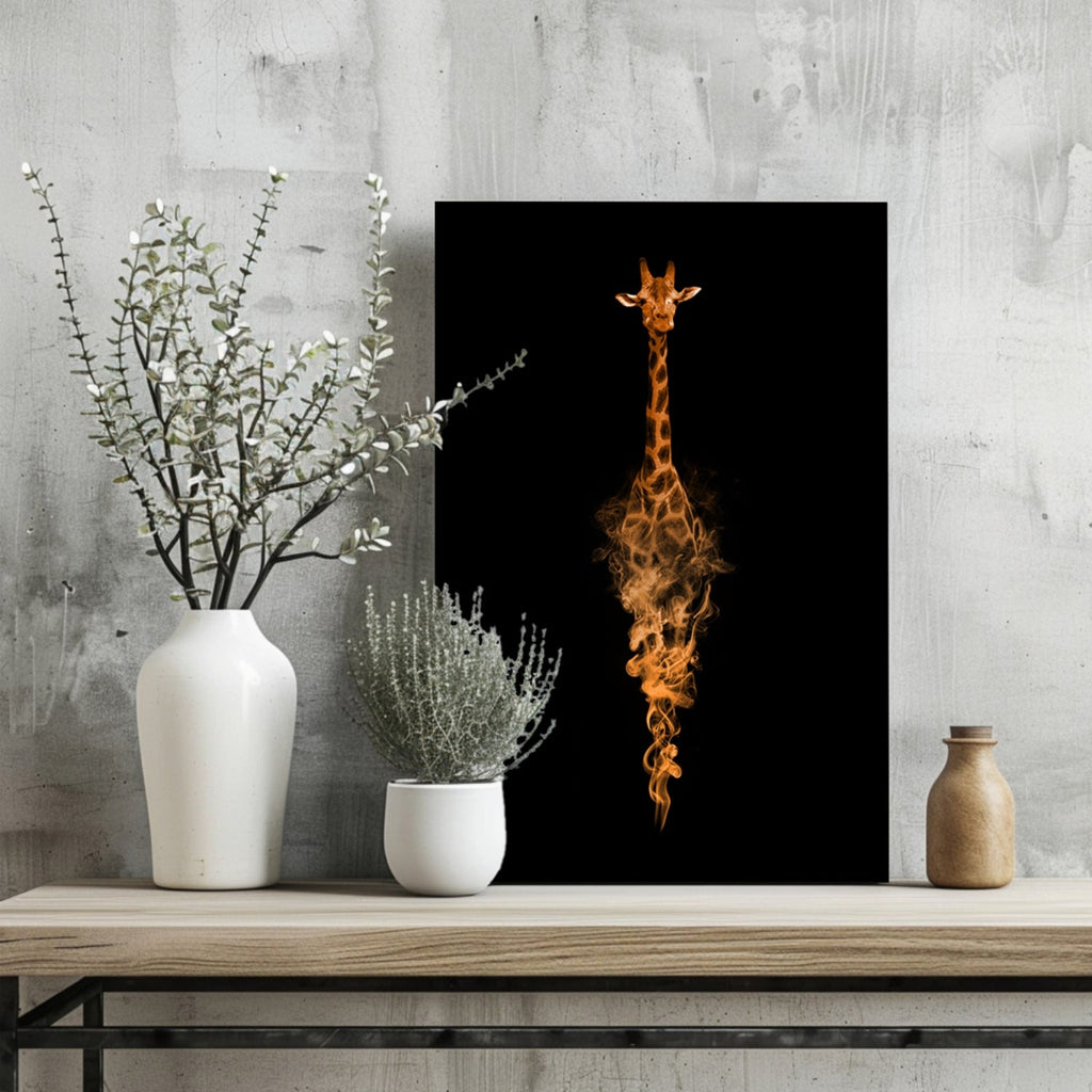 Orange Smoke Silhouette Giraffe Aluminum Print