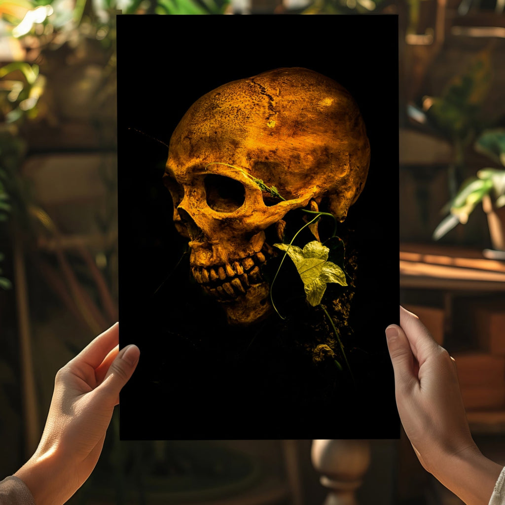 Golden Lit Skull With Ivy Leaf Aluminum Print