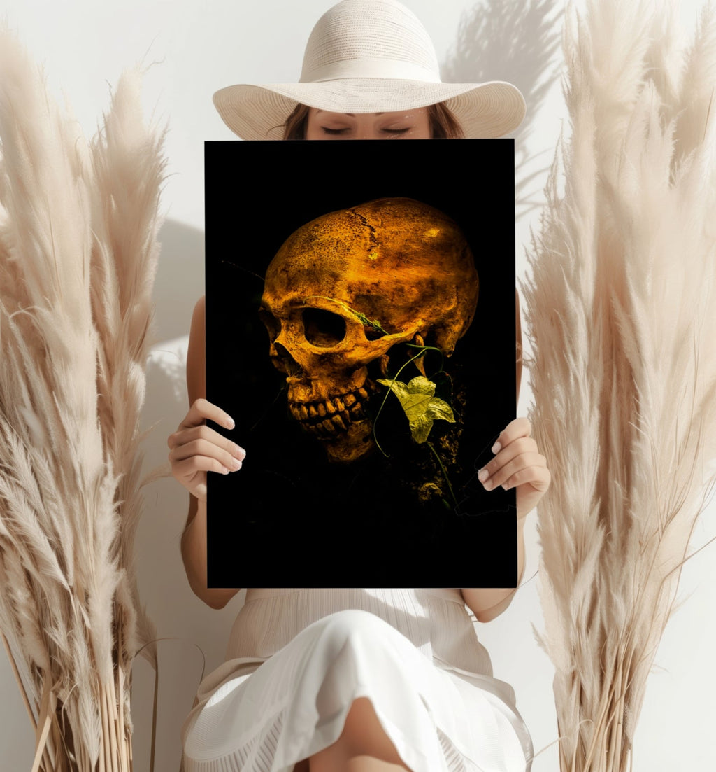 Golden Lit Skull With Ivy Leaf Aluminum Print